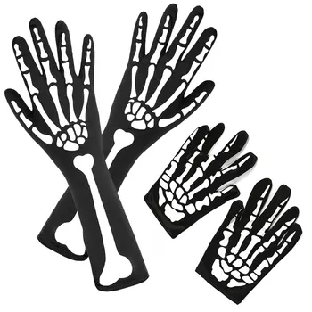 2 пары перчаток-скелетов на Хэллоуин с рукавом-скелетом на руку, перчатки-скелеты на руку с длинными пальцами для детей и взрослых