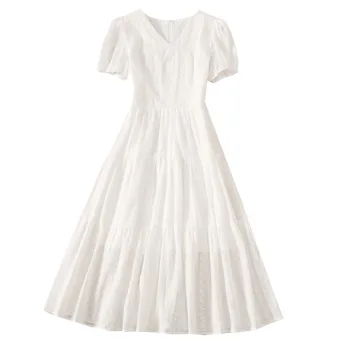 2023 Новая Французская роскошная Летняя юбка с коротким рукавом, Маленькое длинное платье, Белое кружевное платье, Женская весна