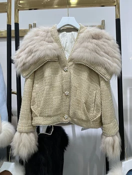 2023 Новая шуба из натурального меха, куртка на гусином пуху, Зимняя женская куртка с воротником из натурального лисьего меха, плотная верхняя одежда, теплая