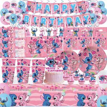 Disney Stitch Party Supplies Бумажные Салфетки, Скатерть, Тарелка, Воздушный Шар, Тема Розового Ангела, Детский Душ, Украшение Для Вечеринки в честь Дня Рождения Девочек