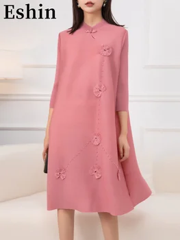 Eshin Воротник-стойка, рукав три четверти, однобортное плиссированное платье со свободной талией и 3D цветами Для женщин 2023, Новые платья TH2653