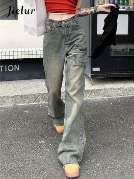 Jielur Винтажные выстиранные Прямые женские джинсы Летние Свободные с завышенной талией, шикарными пуговицами и фальшивой молнией, женские брюки-карго в американском стиле