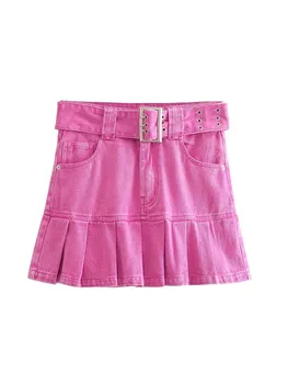 TRAF 2023 Мини-юбки для женщин, плиссированная джинсовая юбка с высокой талией, Женская уличная одежда Y2K, Юбка для девочек, Летний пояс, Джинсовая короткая юбка