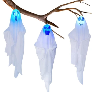 Аксессуары для подвесных призраков на Хэллоуин 27,5 дюймов, 3 выражения, милый ветрозащитный чехол с летающим призраком для газона во внутреннем дворике перед домом