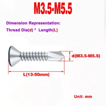 Винт для сверления с потайной головкой из нержавеющей стали 304/Винт с крестообразной плоской головкой M3.5-M5.5