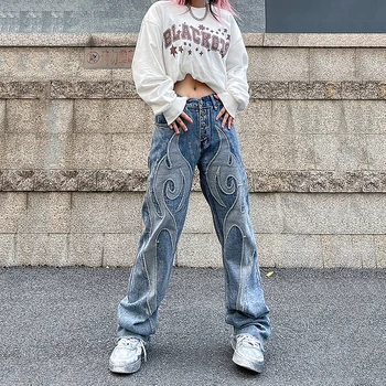 Винтажные джинсы в стиле пэчворк с вышивкой, женские модные свободные прямые широкие брюки, джинсы-бойфренды для женщин