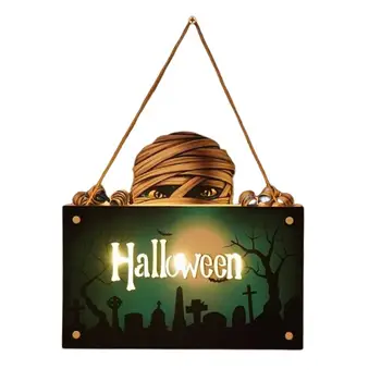 Дверная вешалка на Хэллоуин, деревянная дверная вешалка с подсветкой, таблички на входной двери с мумией призрака Зомби на батарейках для настенной двери крыльца