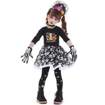 Детские Куклы-призраки с черепом для девочек, топ, юбка, Перчатки, платье, детский костюм для ролевых игр на Хэллоуин, косплей-костюм