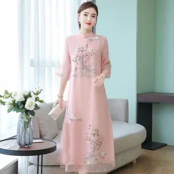 Женское длинное платье с вышивкой в китайском стиле 2023 Cheongsam, Летние Новые Свободные платья с цветочным рисунком, женская одежда Maxi Y2K DW264