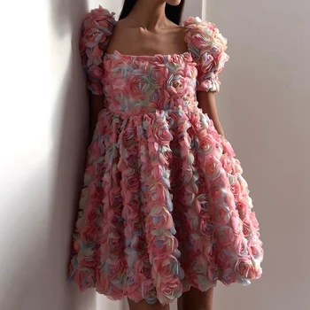 Женское летнее мини-платье Pretty 3D Flowers с милым квадратным воротником, короткие вечерние платья с цветочным рисунком на День рождения, короткие платья для выпускного вечера из тюля
