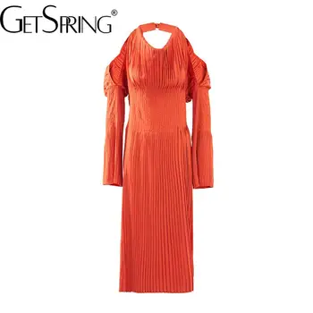 Женское платье Getspring 2023, Осеннее Элегантное платье с открытыми плечами, Высокая талия, длинный рукав, Длинные плиссированные оранжевые платья, Новое поступление