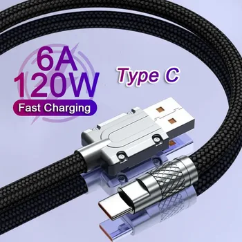 Кабель USB C мощностью 6A 120 Вт, шнур для быстрой зарядки телефона из цинкового сплава для Xiaomi Samsung Huawei, плетеный шнур для быстрой зарядки USB Type C для передачи данных