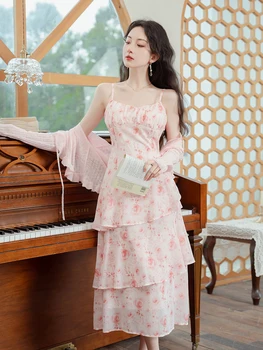 Комплект из двух предметов во французском элегантном стиле, женская одежда, Летний кардиган, пальто + Розовая роза С рюшами, милое винтажное платье на ремешке, костюм