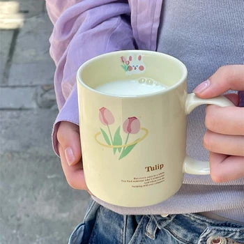 Креативная керамическая кофейная чашка объемом 300 мл, чашка с кроликом-тюльпаном, милая кружка, керамическая чашка, термостойкая кофейная чашка, мультяшная кружка