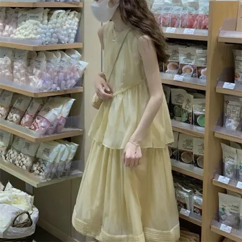 Летнее желтое платье с короткими рукавами, французское элегантное платье для девочек с рукавами для двухслойного торта, простое и нежное платье в стиле