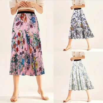 Модная плиссированная юбка Макси с цифровыми цветочными принтами для женщин, юбки с цветочным принтом