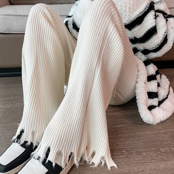 Осенне Зимние трикотажные брюки с кисточками Женские с высокой талией Корейские модные длинные брюки-клеш Pantalon Femme
