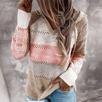 Осенний женский свитер в стиле пэчворк с капюшоном, вязаный свитер с длинным рукавом и V-образным вырезом, Повседневный полосатый пуловер, джемперы 2020, Новые женские толстовки