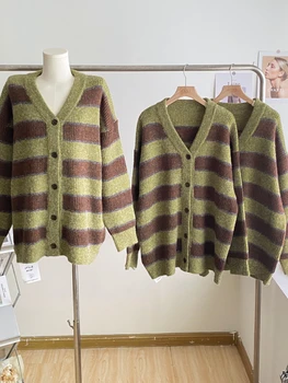 Осенний свитер Оверсайз, женский полосатый кардиган с V-образным вырезом и длинным рукавом, женский повседневный кардиган, женские теплые свитера с одинарными боттонами, прямая поставка