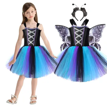 Платье-пачка с бабочкой-скелетом, костюм для девочек, косплей на Хэллоуин, платье с черными крыльями черепа, Платья принцессы-феи для девочек