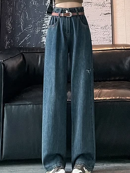 Повседневные джинсы с высокой талией, Свободные Широкие брюки, новинка осени 2023, Корейская модная женская одежда