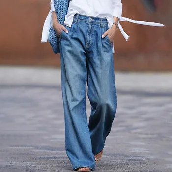 Свободные прямые женские джинсы, синие уличные праздничные женские джинсовые брюки с карманом