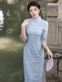 Сексуальное повседневное платье для молодой девушки Ципао с вышивкой на рукавах-клеш из шифона Cheongsam в китайском стиле