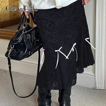 Симпатичные и Психопатичные Лоскутные Шикарные Кружевные Длинные юбки Y2K, Эстетичные наряды с бантом в стиле Харадзюку, Винтажные Корейские женские черные плавки 90-х годов.
