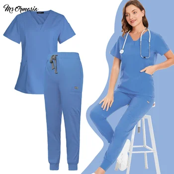 Униформа для операционной, женский комплект скрабов, спа-одежда, футболки для рабочих с коротким рукавом и V-образным вырезом, Топы, брюки, аксессуары для медицинской медсестры