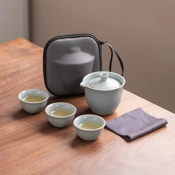Чайный набор для путешествий Celadon, экспресс-чашка, один горшок, три чашки, переносной набор чаш с крышкой, набор для приготовления чая кунг-фу на открытом воздухе