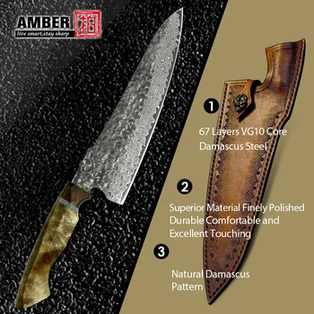 Янтарный нож ручной работы из дамасской стали, японский кухонный нож с деревянной ручкой