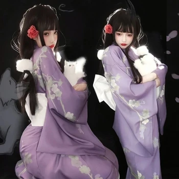 Японское кимоно Традиционное японское кимоно Фиолетовая Юката Новая одежда Obi Костюм японской Гейши Одежда для косплея Кимоно Хаори